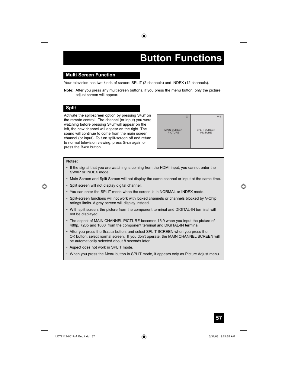 Button functions, Multi screen function, Split | JVC 0306TNH-II-IM User Manual | Page 57 / 80