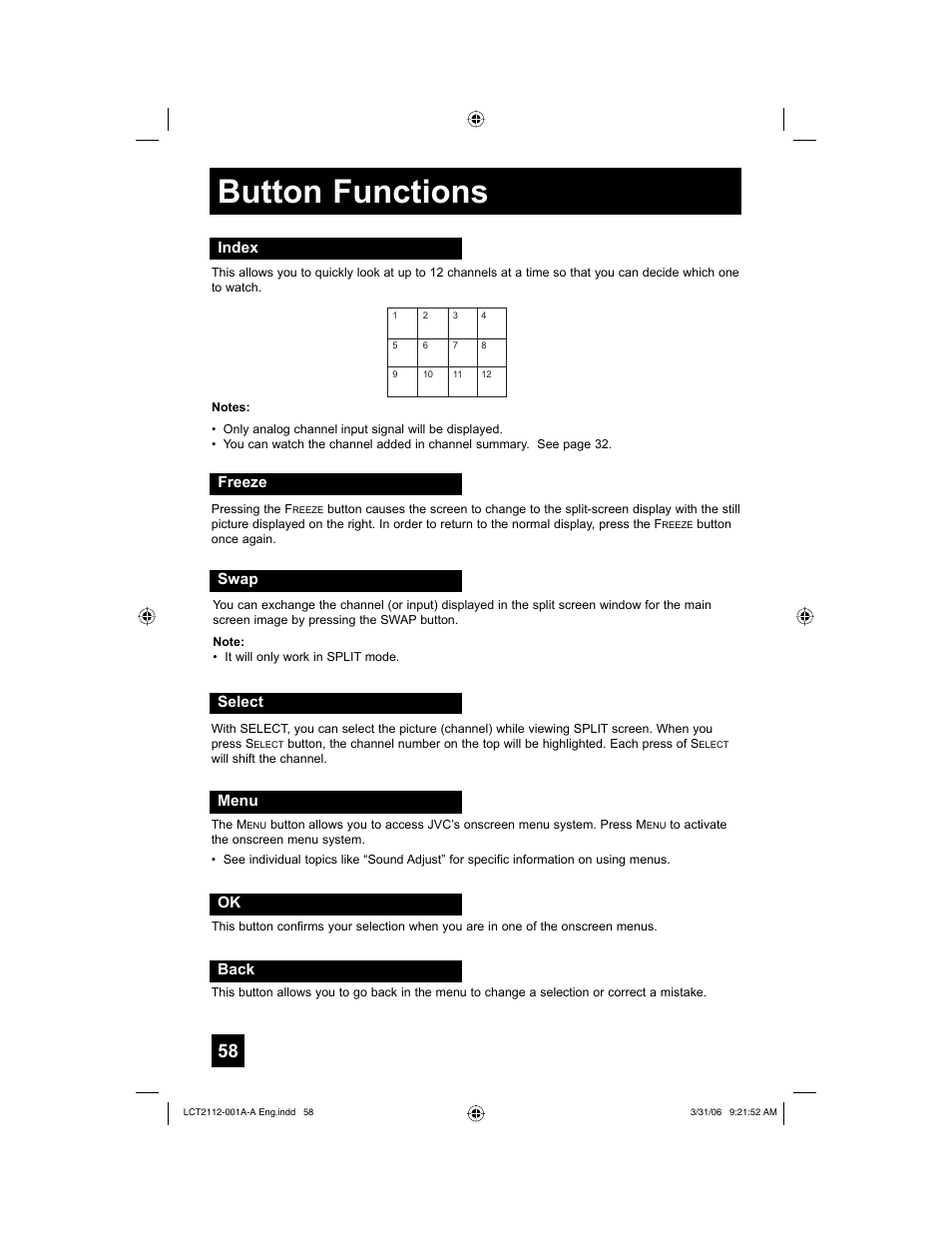 Index, Freeze, Swap | Select, Menu, Back, Button functions | JVC 0306TNH-II-IM User Manual | Page 58 / 80