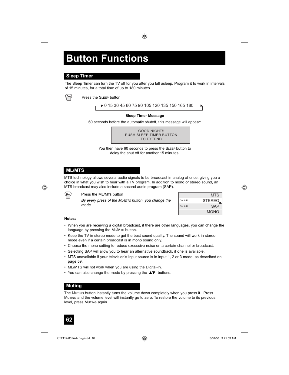 Sleep timer, Ml/mts, Muting | Button functions | JVC 0306TNH-II-IM User Manual | Page 62 / 80