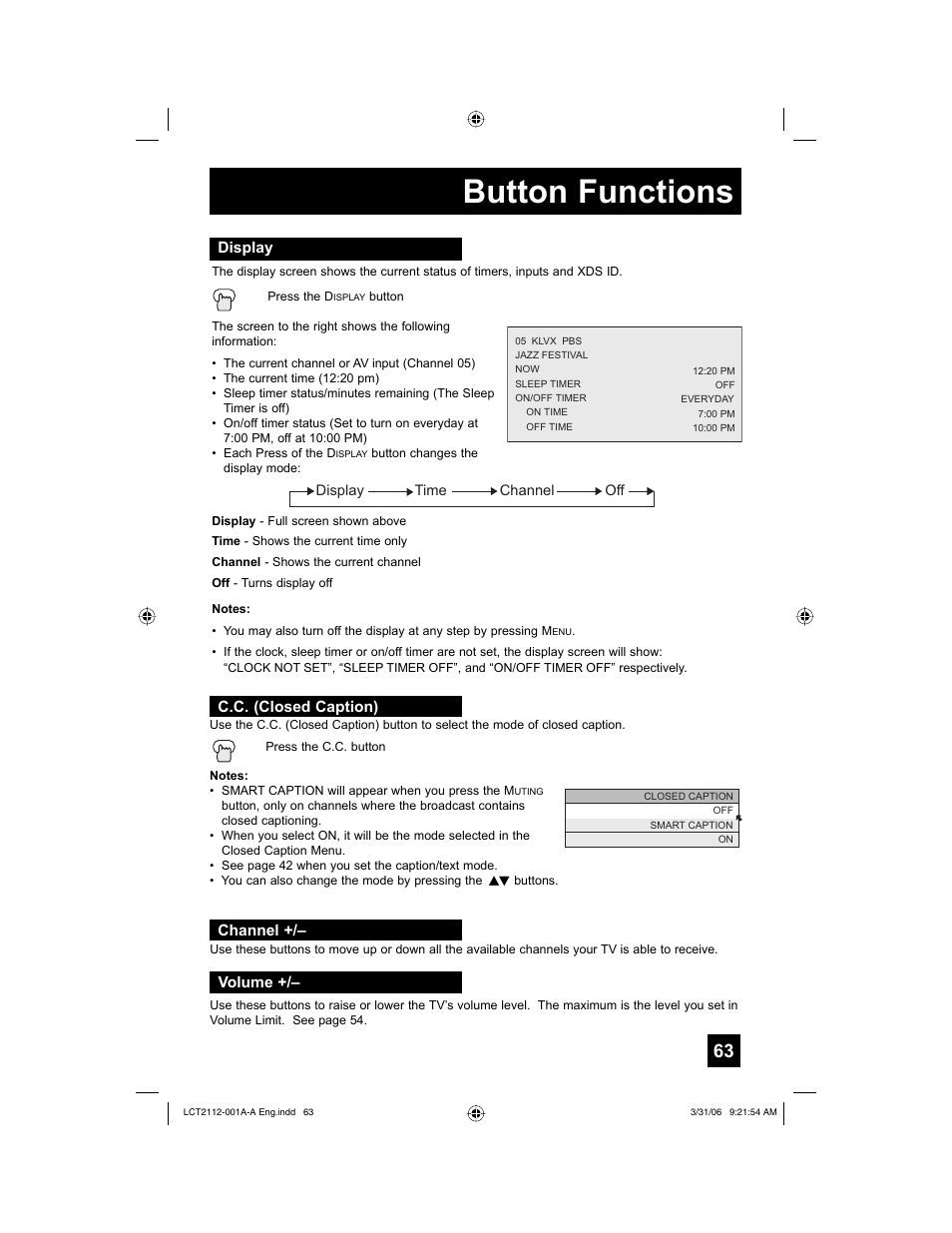 Display, C.c. (closed caption), Channel | Volume, Button functions | JVC 0306TNH-II-IM User Manual | Page 63 / 80