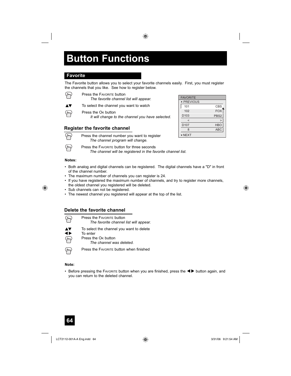 Favorite, Button functions | JVC 0306TNH-II-IM User Manual | Page 64 / 80