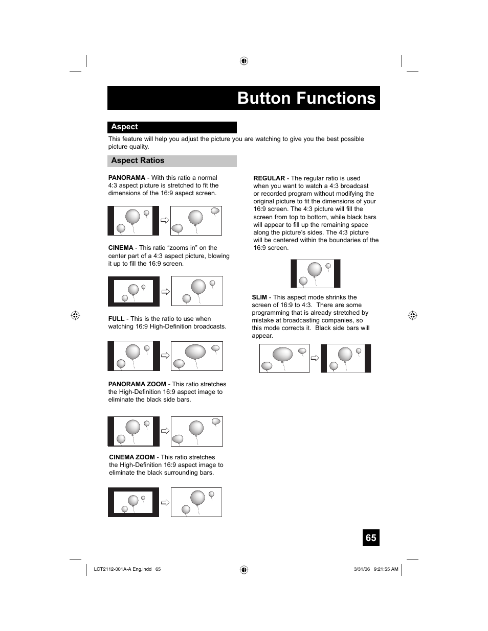 Aspect, Button functions | JVC 0306TNH-II-IM User Manual | Page 65 / 80