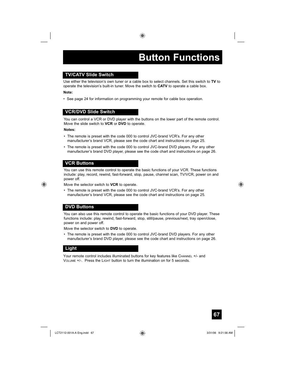 Tv/catv slide switch, Vcr/dvd slide switch, Vcr buttons | Dvd buttons, Light, Button functions | JVC 0306TNH-II-IM User Manual | Page 67 / 80
