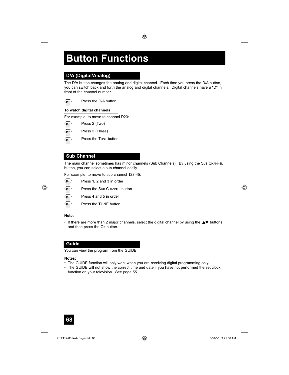 D/a (digital/analog), Sub channel, Guide | Button functions | JVC 0306TNH-II-IM User Manual | Page 68 / 80