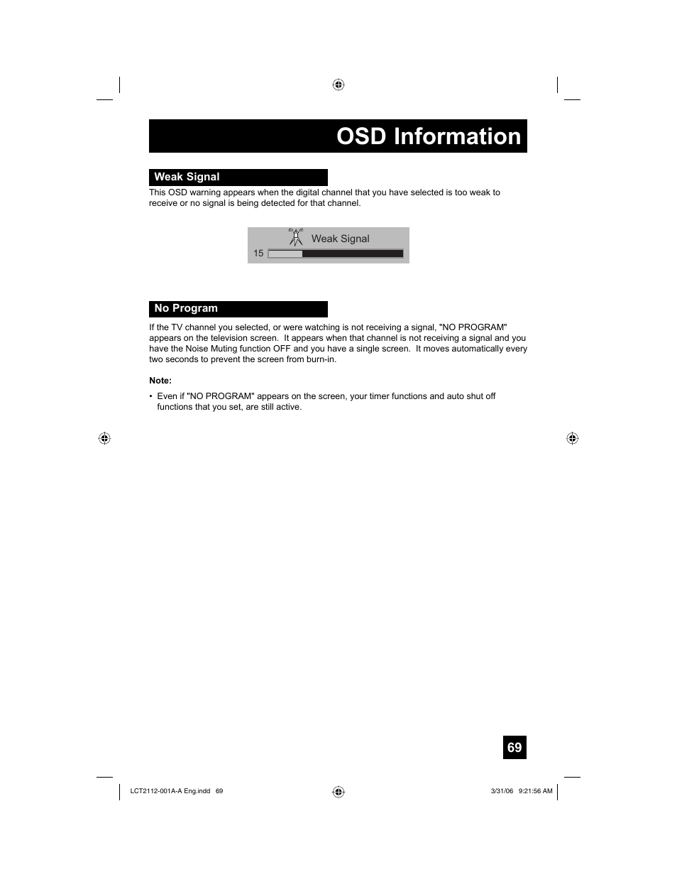 Osd information, Weak signal, No program | JVC 0306TNH-II-IM User Manual | Page 69 / 80