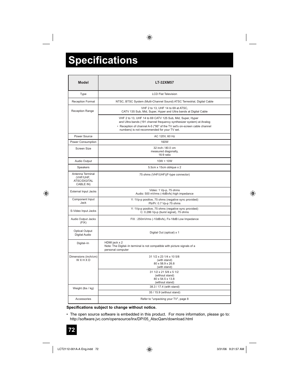 Specifications | JVC 0306TNH-II-IM User Manual | Page 72 / 80