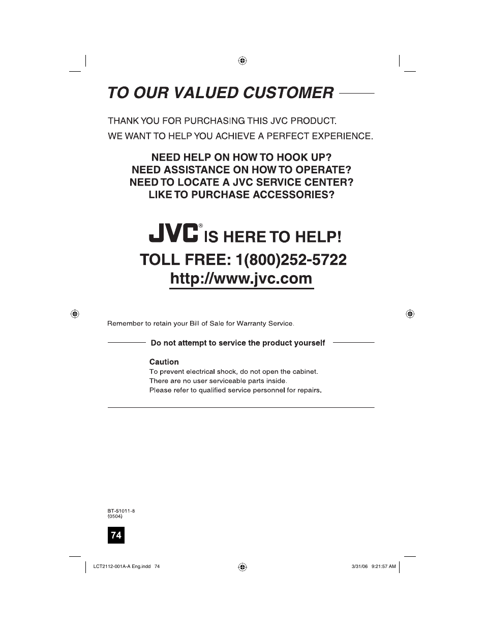To our valued customer | JVC 0306TNH-II-IM User Manual | Page 74 / 80