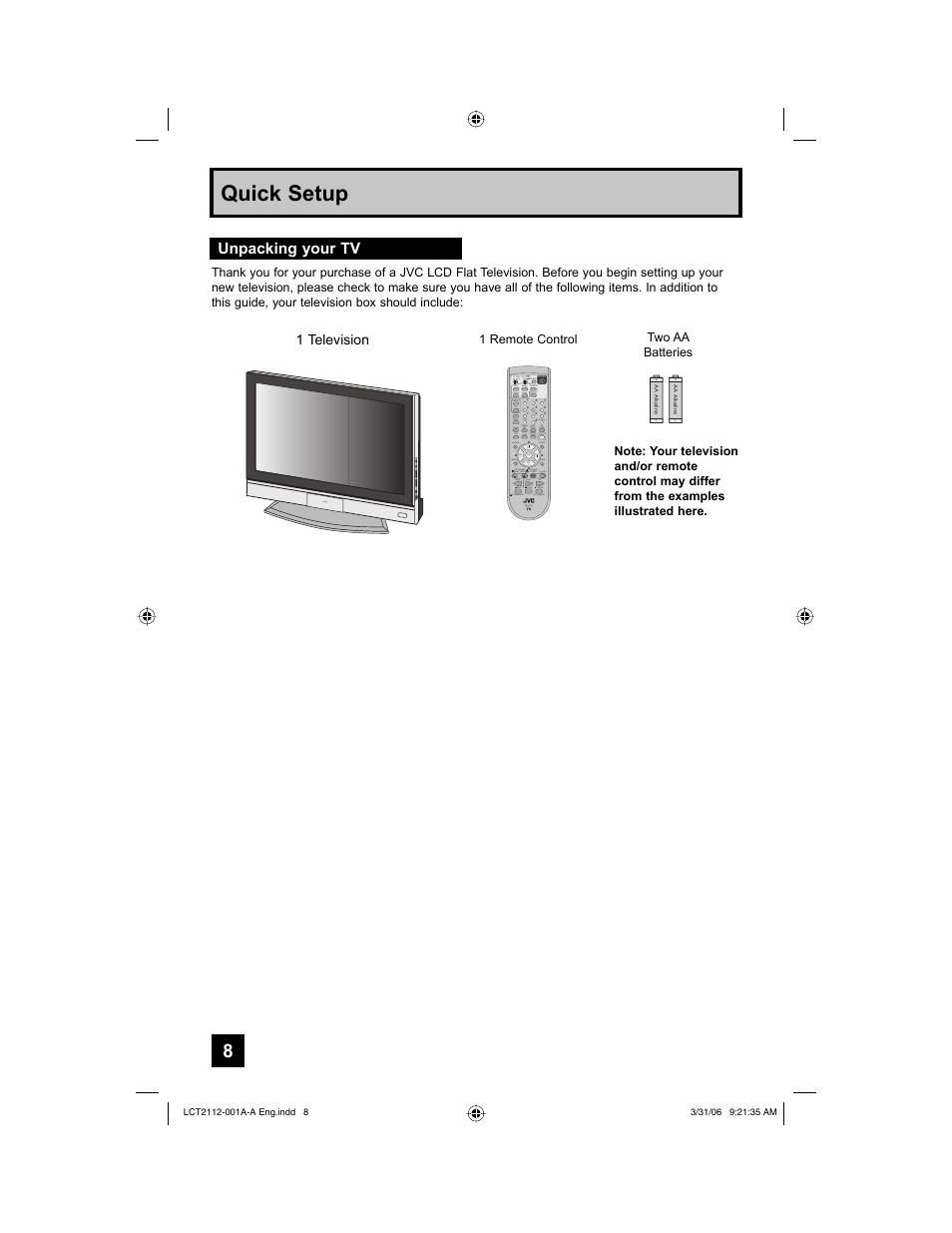 Quick setup, Unpacking your tv | JVC 0306TNH-II-IM User Manual | Page 8 / 80