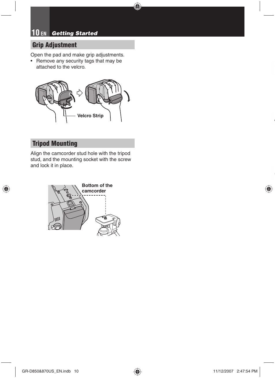 Grip adjustment, Tripod mounting | JVC GR-D850U User Manual | Page 10 / 104