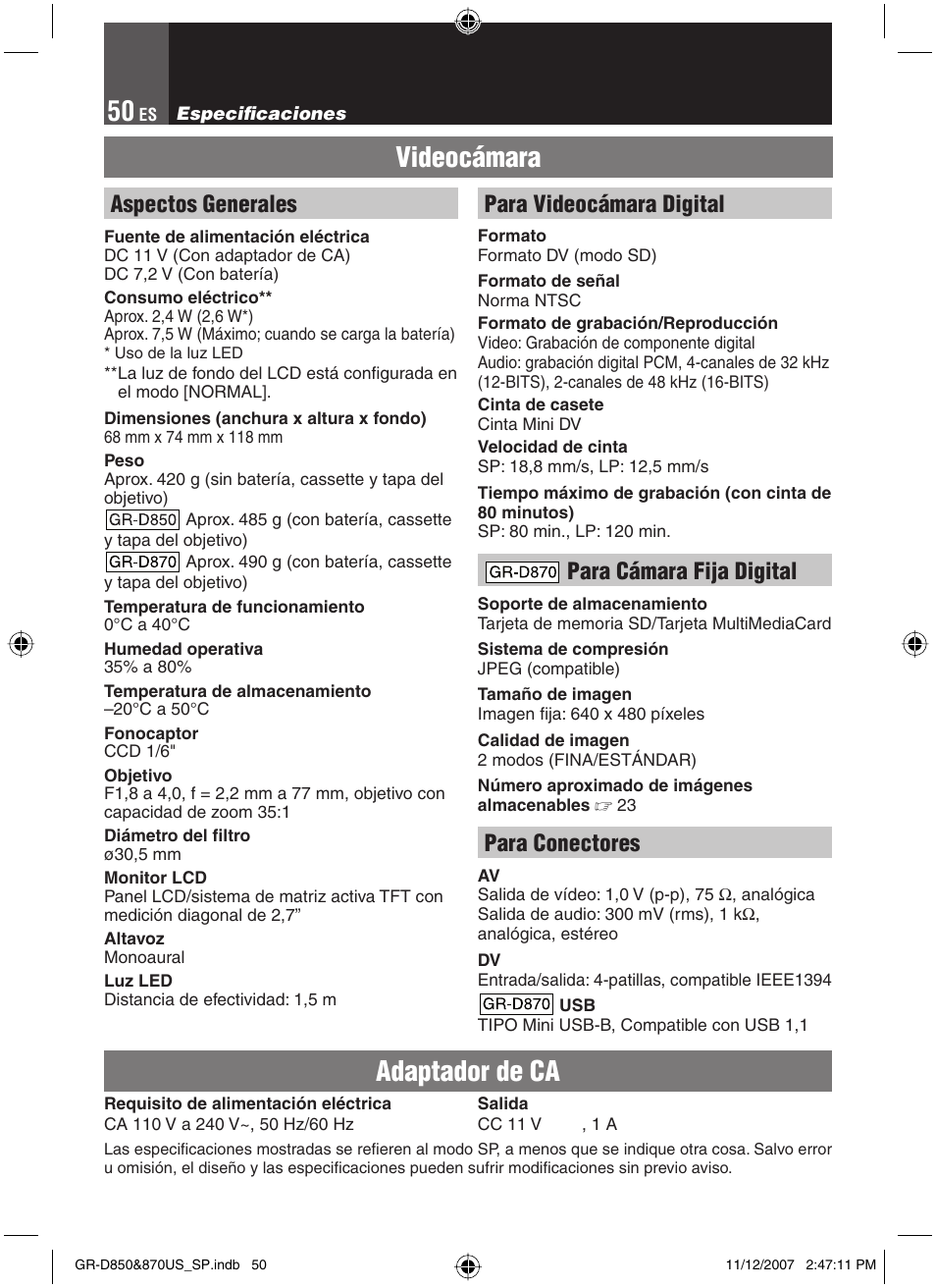 Especifi caciones, Videocámara, Adaptador de ca | Aspectos generales, Para videocámara digital, Para cámara fija digital, Para conectores | JVC GR-D850U User Manual | Page 100 / 104