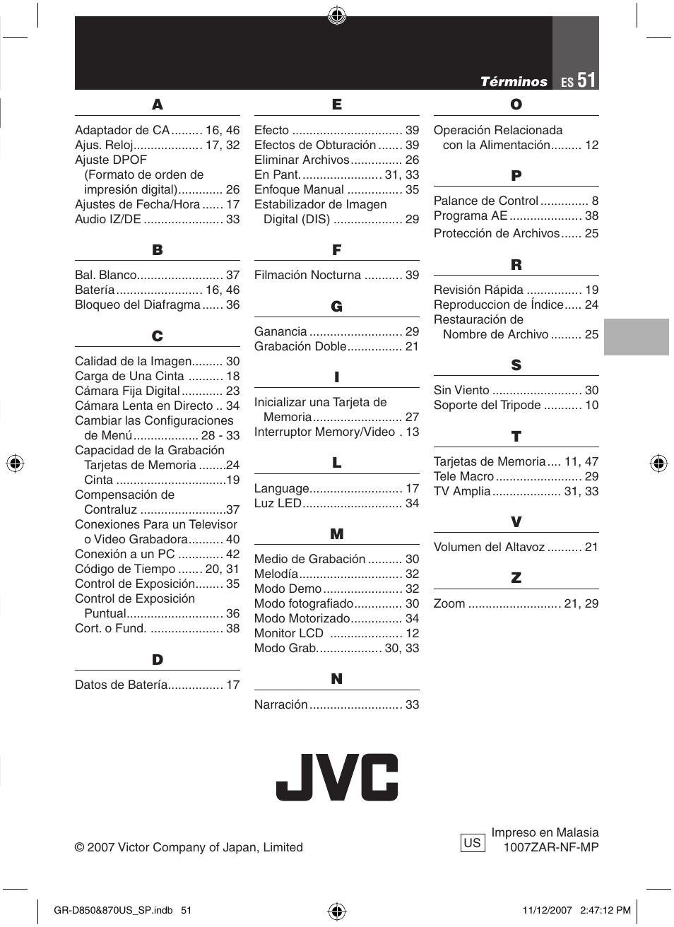 Términos | JVC GR-D850U User Manual | Page 101 / 104