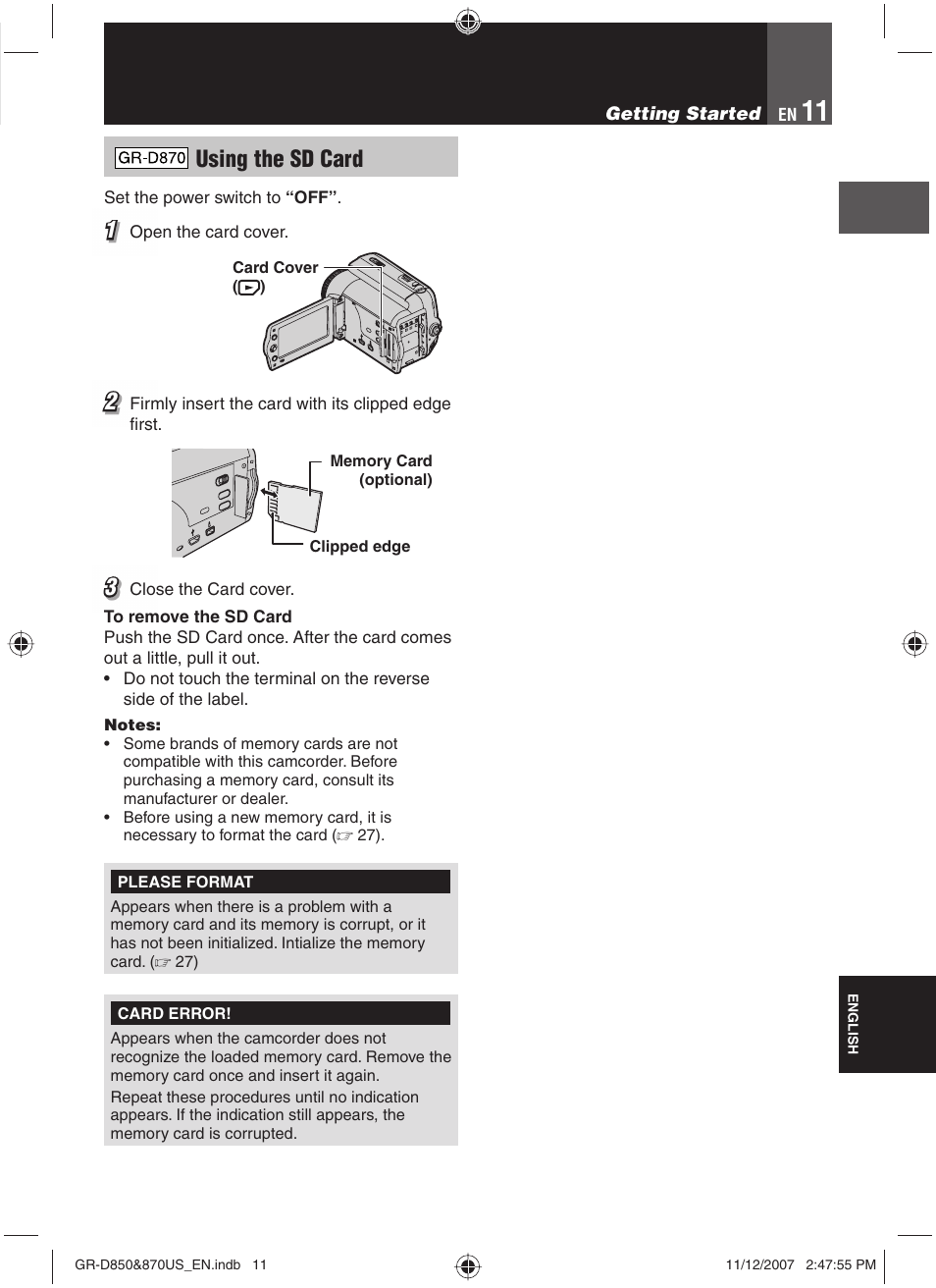 Using the sd card | JVC GR-D850U User Manual | Page 11 / 104