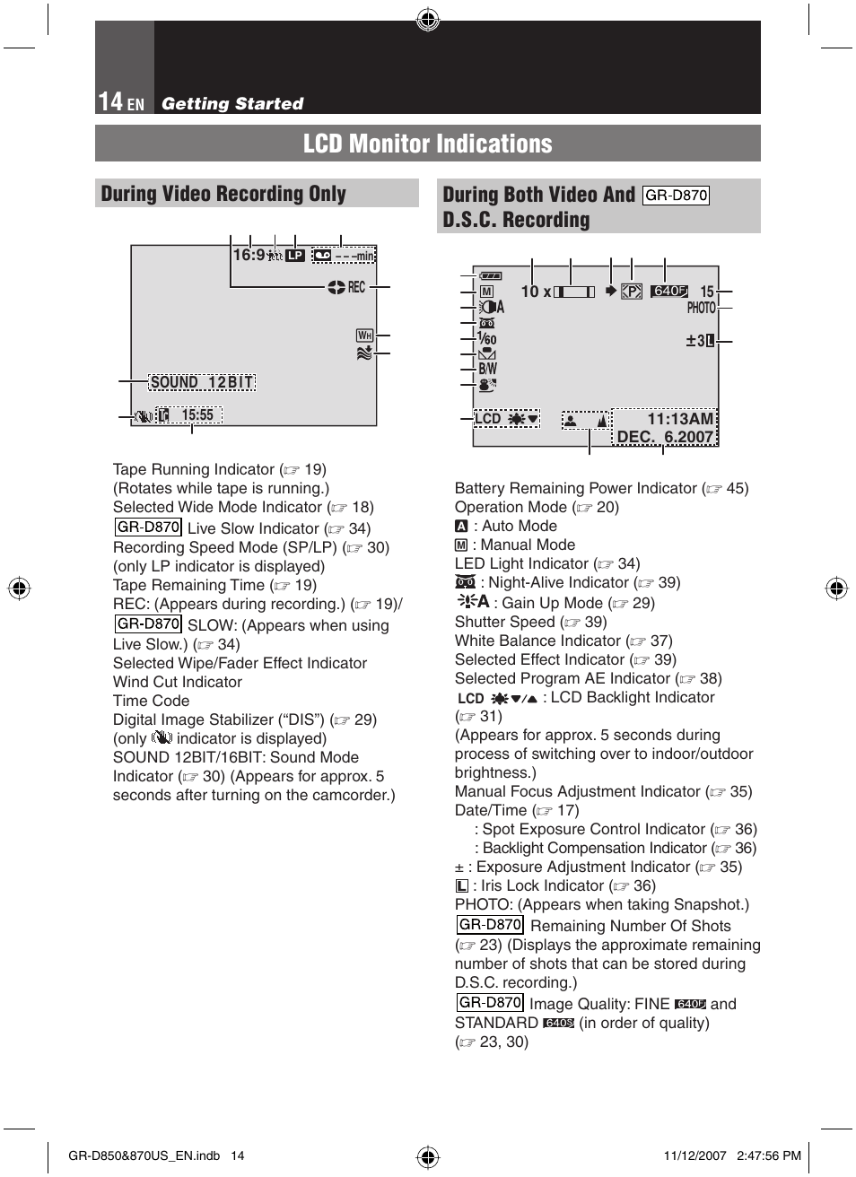 Lcd monitor indications, During video recording only, During both video and d.s.c. recording | JVC GR-D850U User Manual | Page 14 / 104