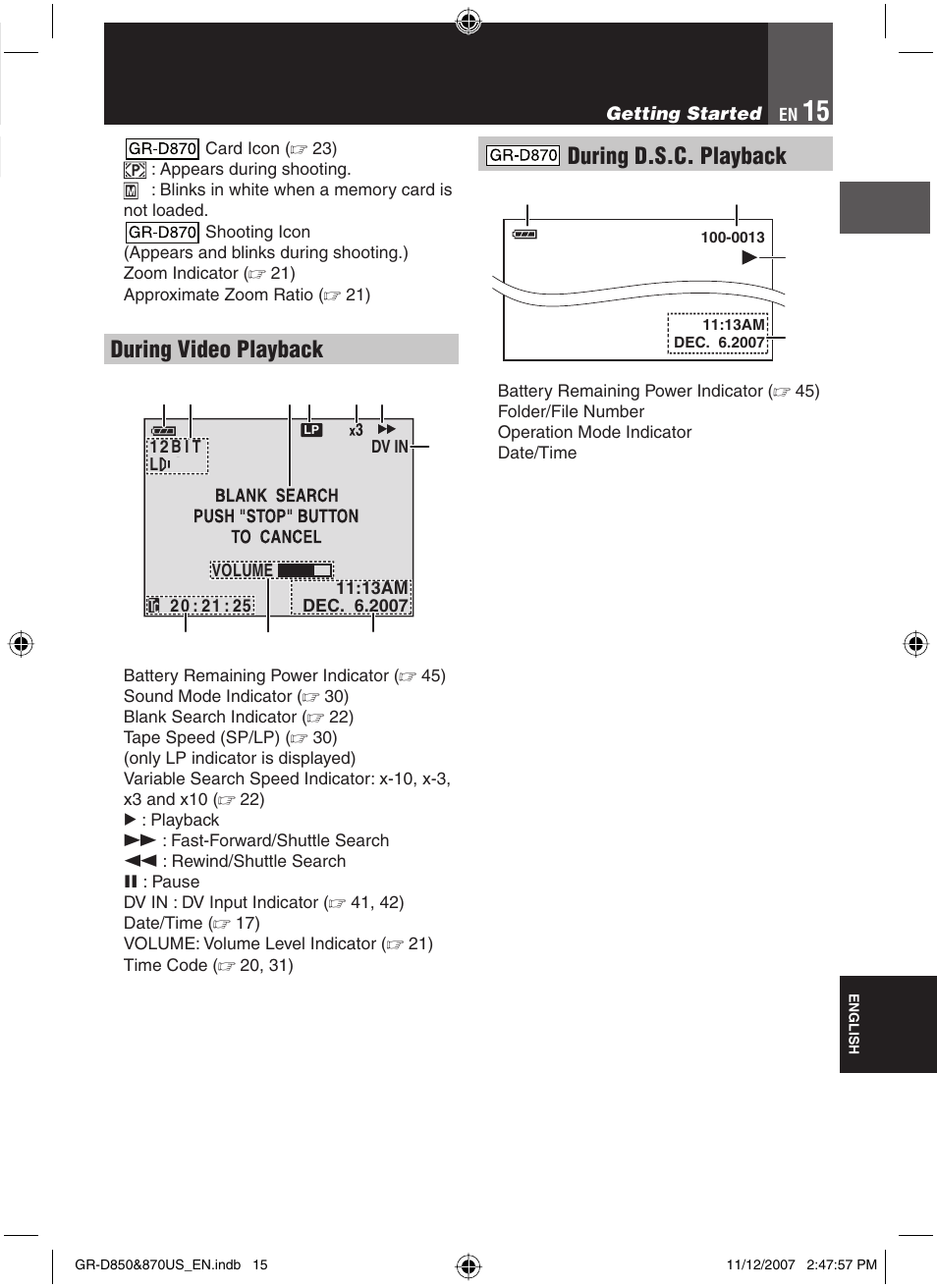 During video playback, During d.s.c. playback | JVC GR-D850U User Manual | Page 15 / 104