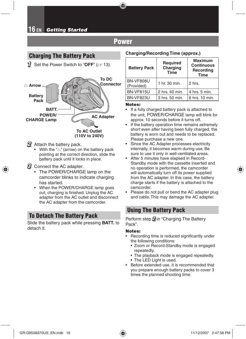 Power, Charging the battery pack 1 1, Using the battery pack | JVC GR-D850U User Manual | Page 16 / 104