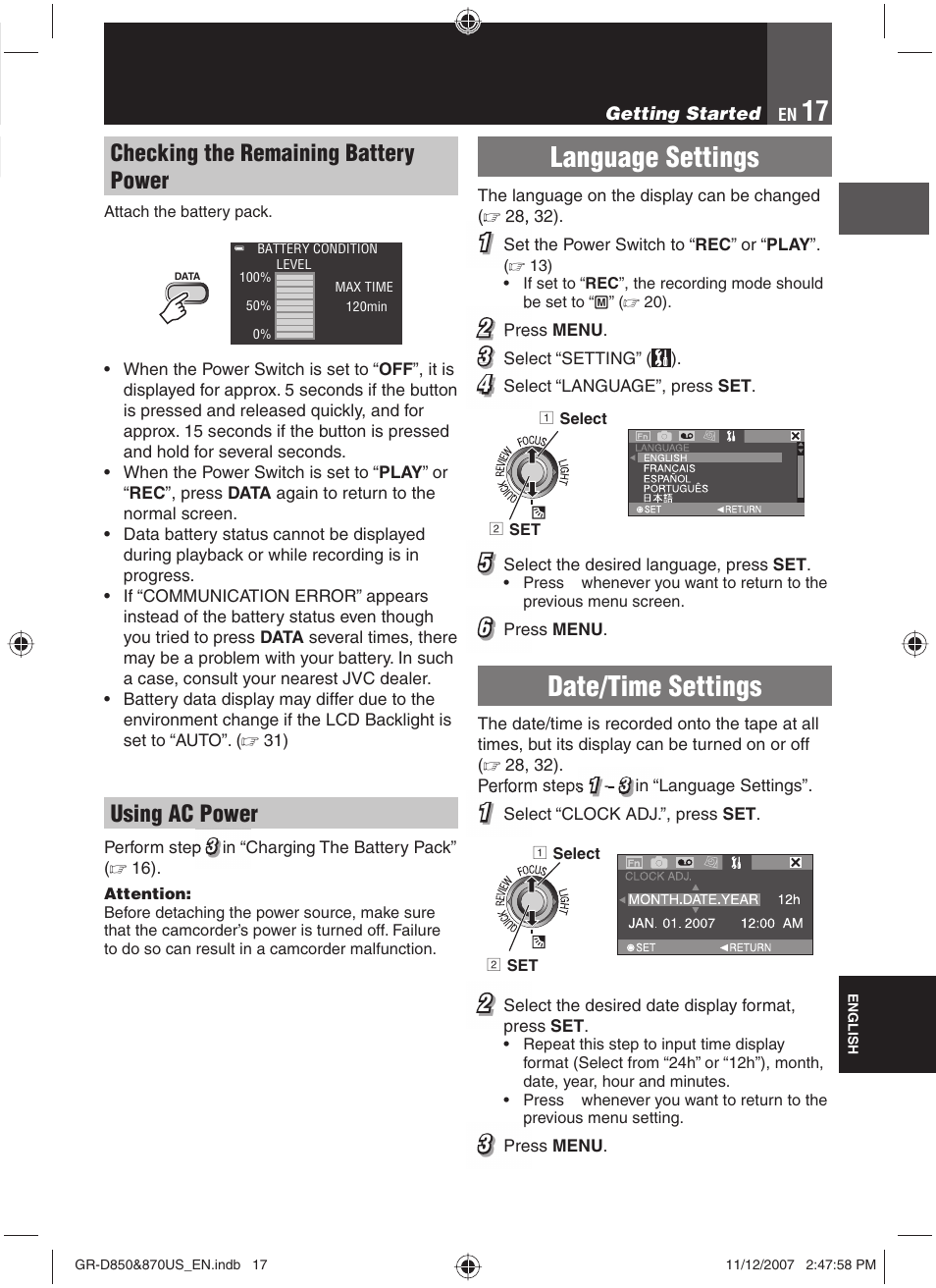 Date/time settings, Language settings, Checking the remaining battery power | Using ac power | JVC GR-D850U User Manual | Page 17 / 104