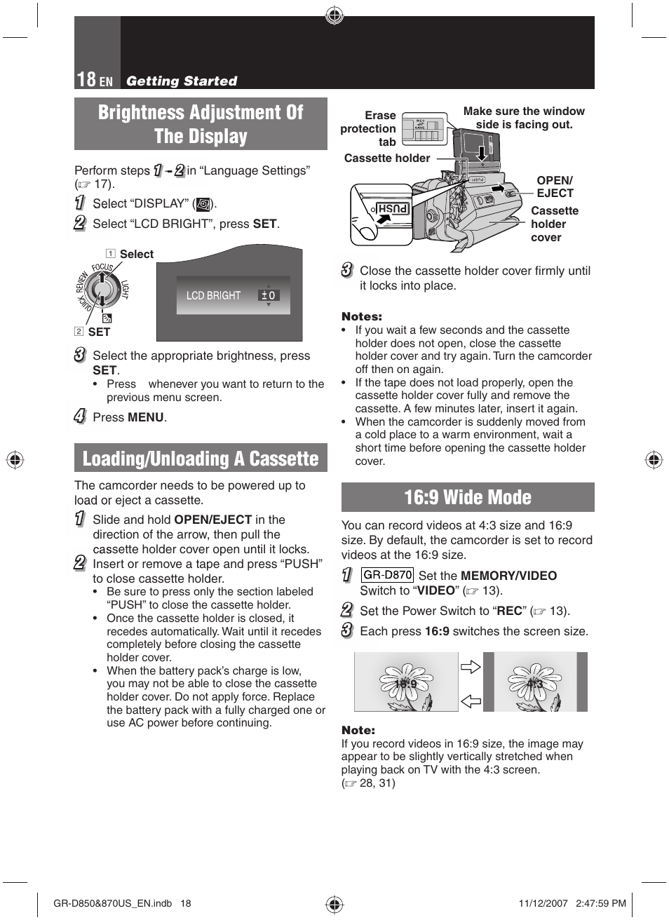 Brightness adjustment of the display, Loading/unloading a cassette, 9 wide mode | JVC GR-D850U User Manual | Page 18 / 104