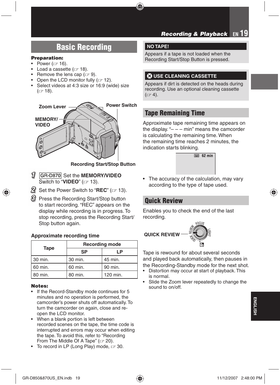 Recording & playback, Basic recording, Tape remaining time | Quick review | JVC GR-D850U User Manual | Page 19 / 104