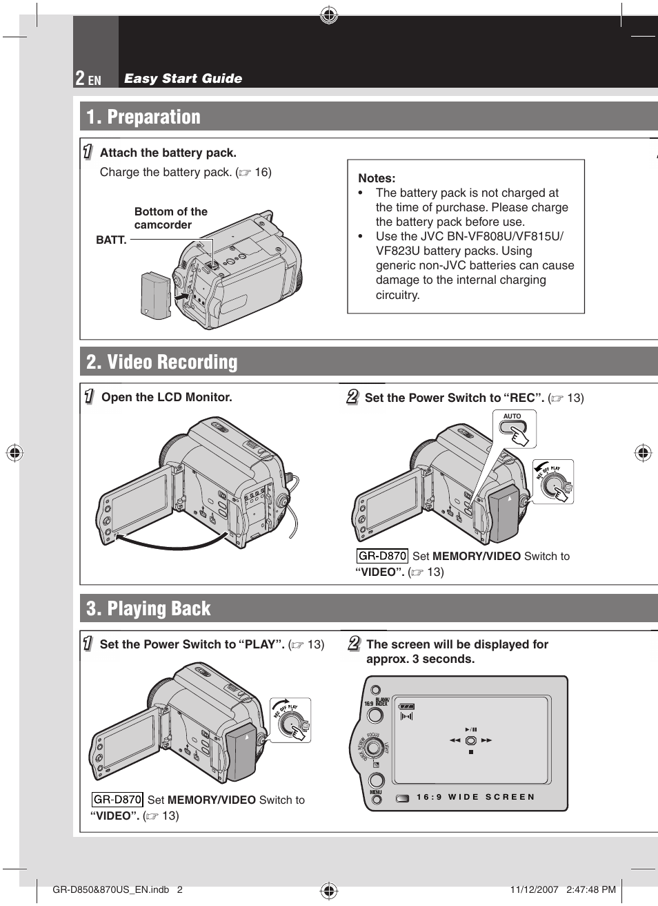 Playing back, Preparation, Video recording | JVC GR-D850U User Manual | Page 2 / 104