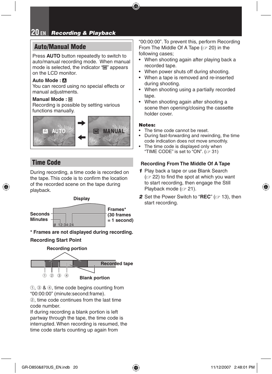 Auto/manual mode, Time code | JVC GR-D850U User Manual | Page 20 / 104