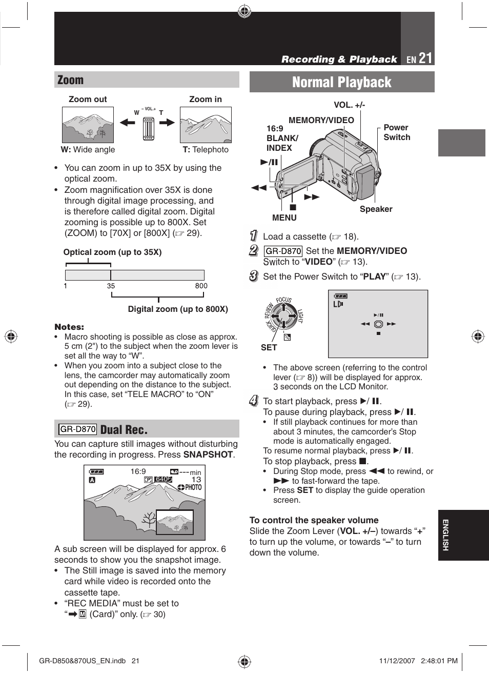 Zoom, Dual rec, Normal playback | JVC GR-D850U User Manual | Page 21 / 104