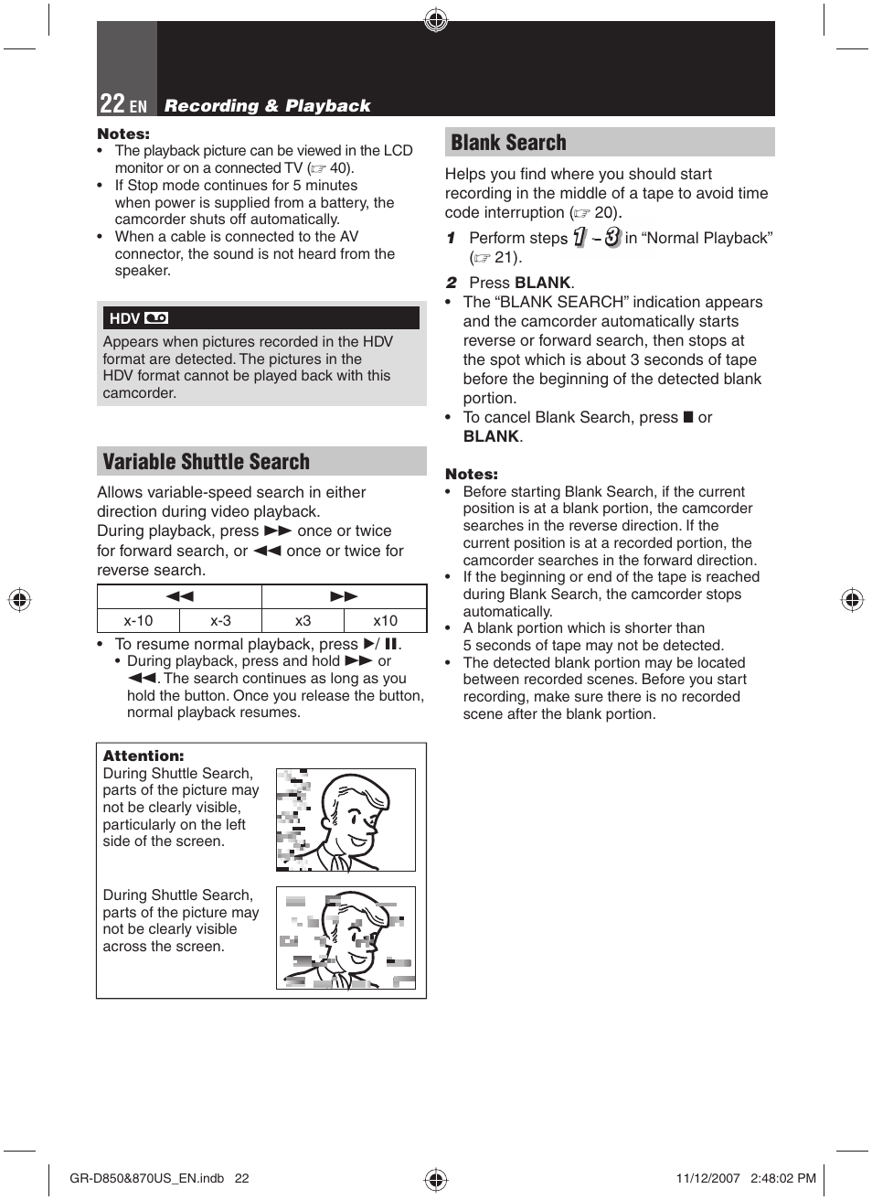 Variable shuttle search, Blank search | JVC GR-D850U User Manual | Page 22 / 104