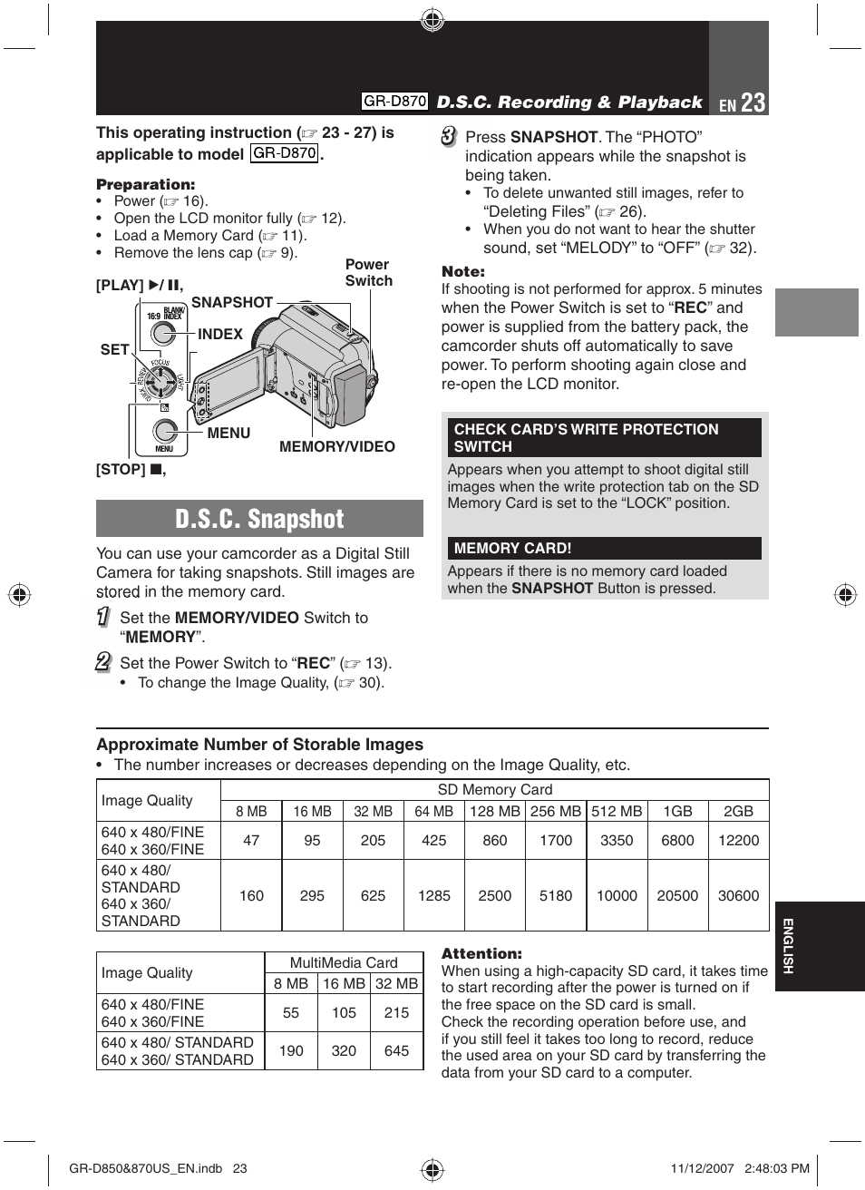 D.s.c. recording & playback, D.s.c. snapshot | JVC GR-D850U User Manual | Page 23 / 104