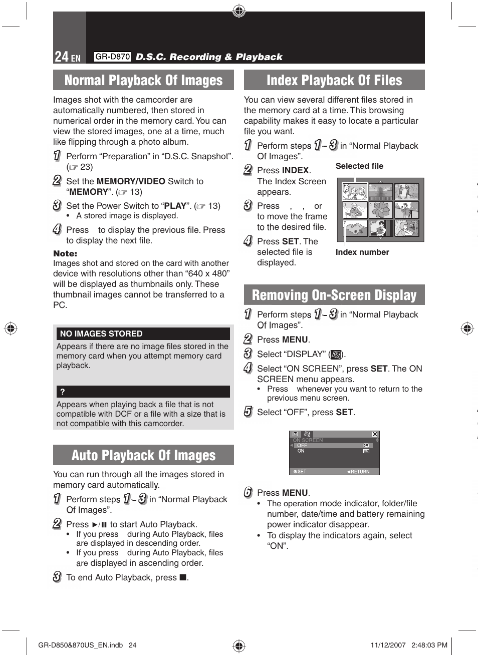 Auto playback of images, Index playback of files, Removing on-screen display | Normal playback of images | JVC GR-D850U User Manual | Page 24 / 104