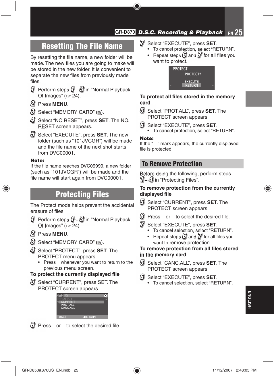 Resetting the file name, Protecting files | JVC GR-D850U User Manual | Page 25 / 104