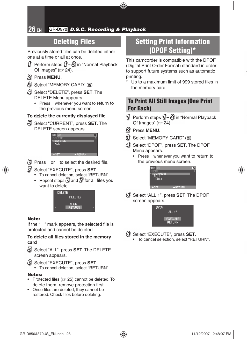 Deleting files, Setting print information, Setting print information (dpof setting) | JVC GR-D850U User Manual | Page 26 / 104