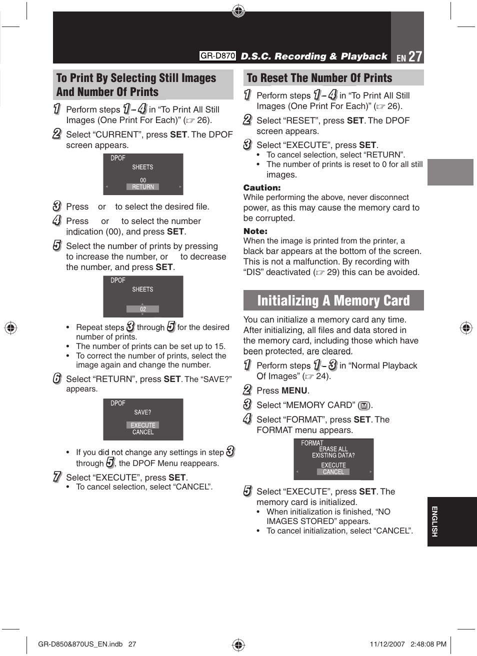 Initializing a memory card | JVC GR-D850U User Manual | Page 27 / 104