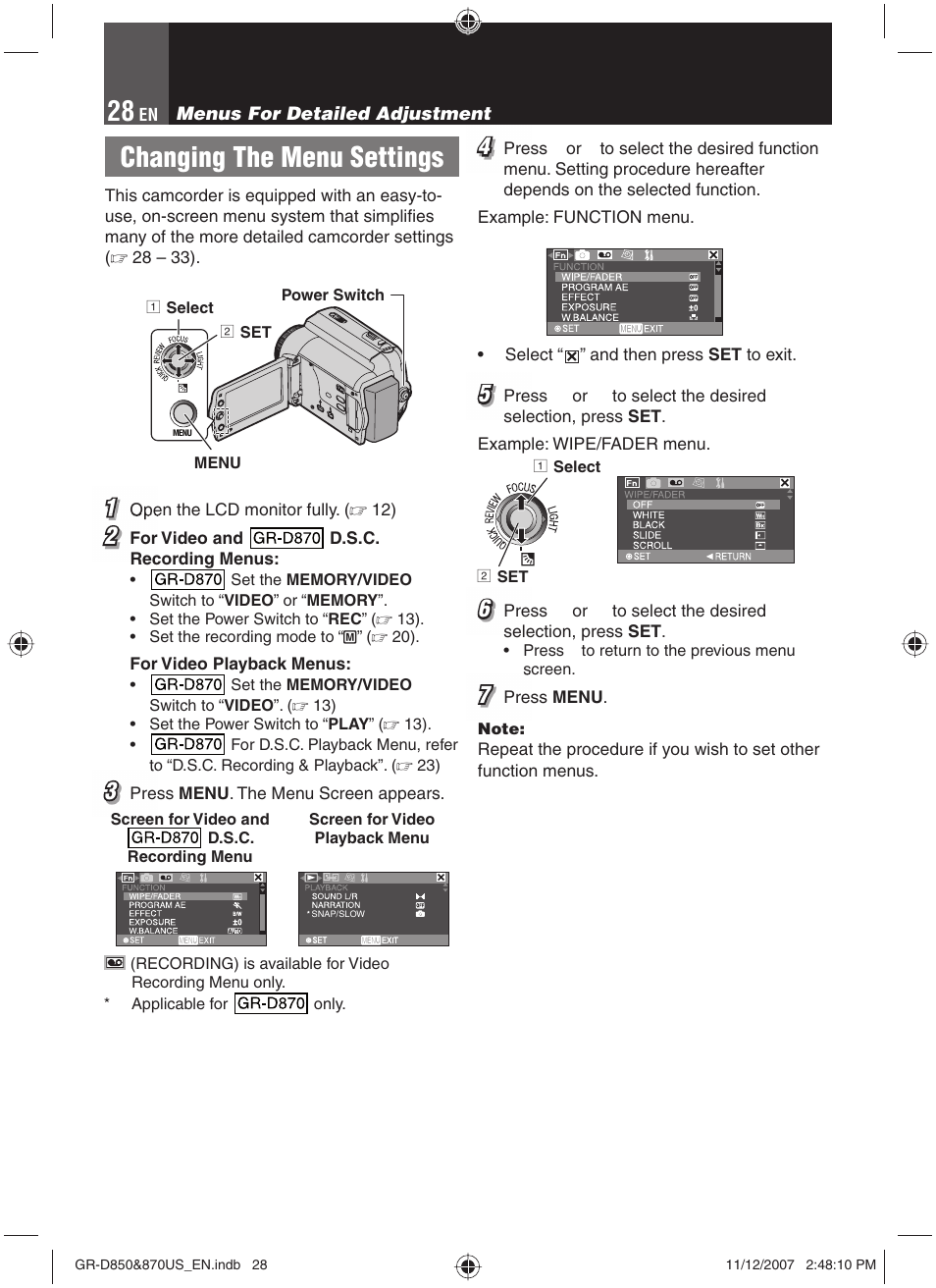 Menus for detailed adjustment, Changing the menu settings | JVC GR-D850U User Manual | Page 28 / 104