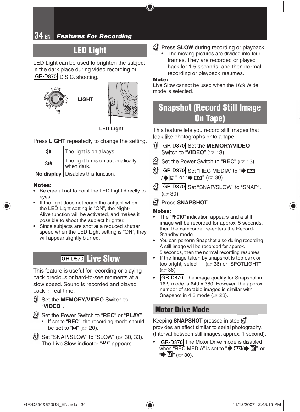 Features for recording, Led light, Live slow | Snapshot (record still image, Snapshot (record still image on tape), Motor drive mode | JVC GR-D850U User Manual | Page 34 / 104