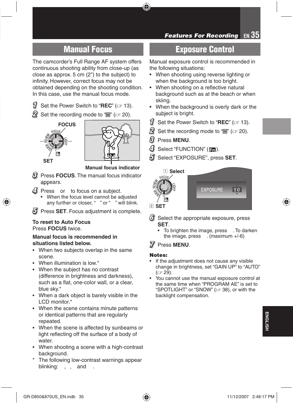 Manual focus, Exposure control | JVC GR-D850U User Manual | Page 35 / 104