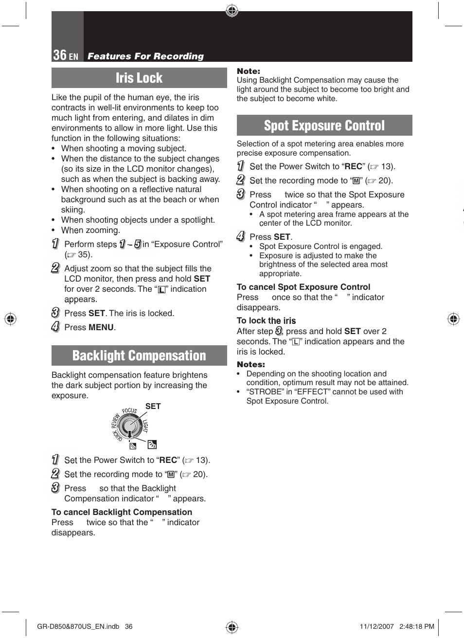 Iris lock, Backlight compensation, Spot exposure control | JVC GR-D850U User Manual | Page 36 / 104