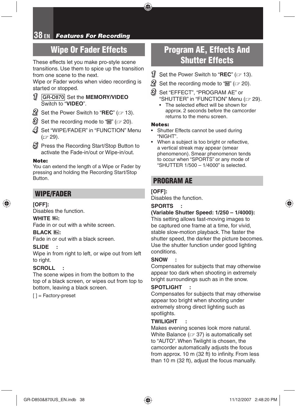 Wipe or fader effects, Program ae, effects and, Program ae, effects and shutter effects | Wipe/fader, Program ae | JVC GR-D850U User Manual | Page 38 / 104