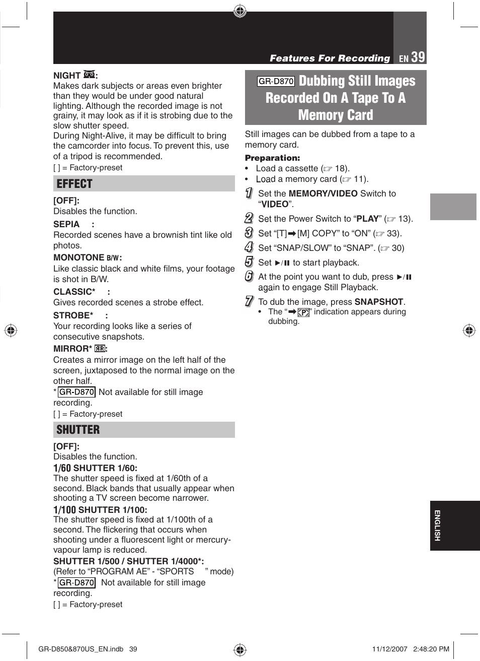 Dubbing still images, Effect, Shutter | JVC GR-D850U User Manual | Page 39 / 104