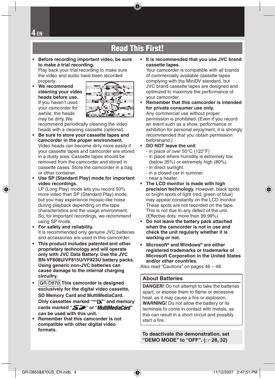 Read this first | JVC GR-D850U User Manual | Page 4 / 104