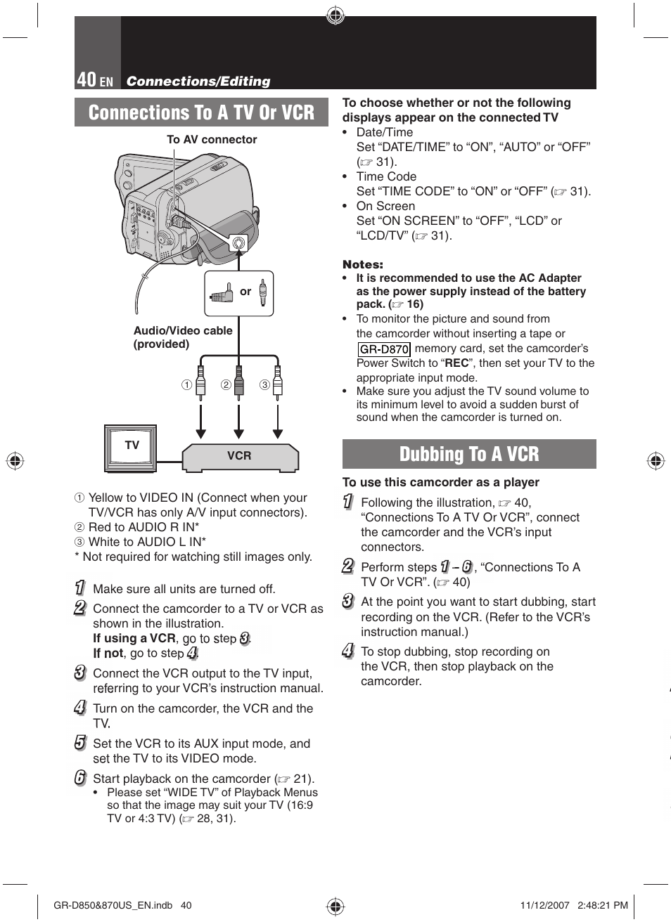 Connections to a tv or vcr, Connections/editing, Dubbing to a vcr | JVC GR-D850U User Manual | Page 40 / 104