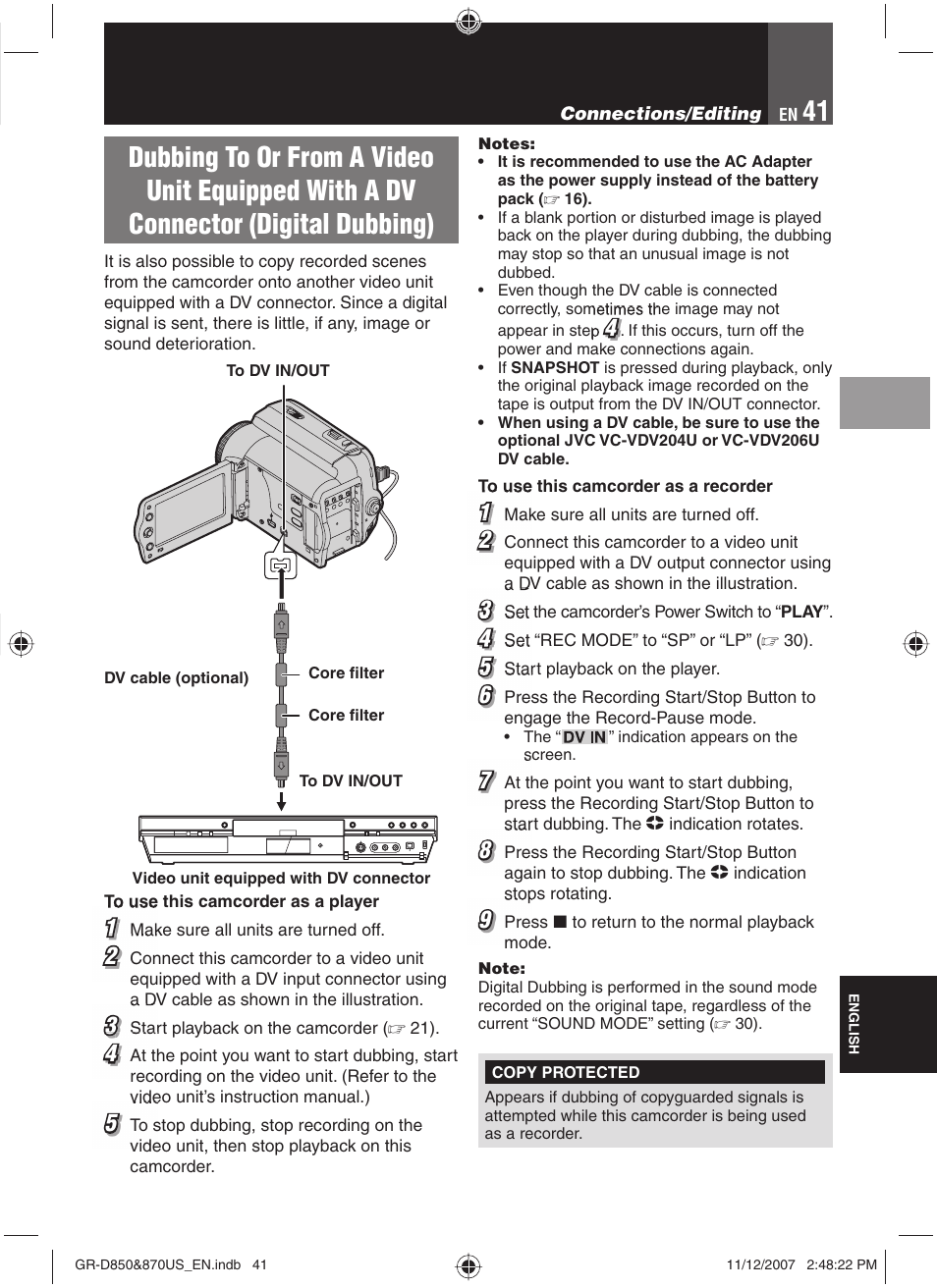 Dubbing to or from a video | JVC GR-D850U User Manual | Page 41 / 104