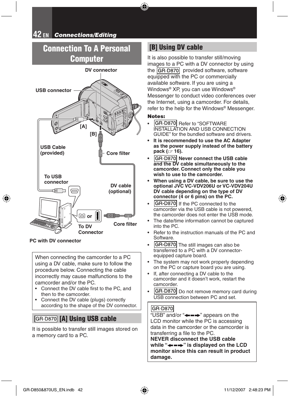 Connection to a personal computer, A] using usb cable, B] using dv cable | JVC GR-D850U User Manual | Page 42 / 104