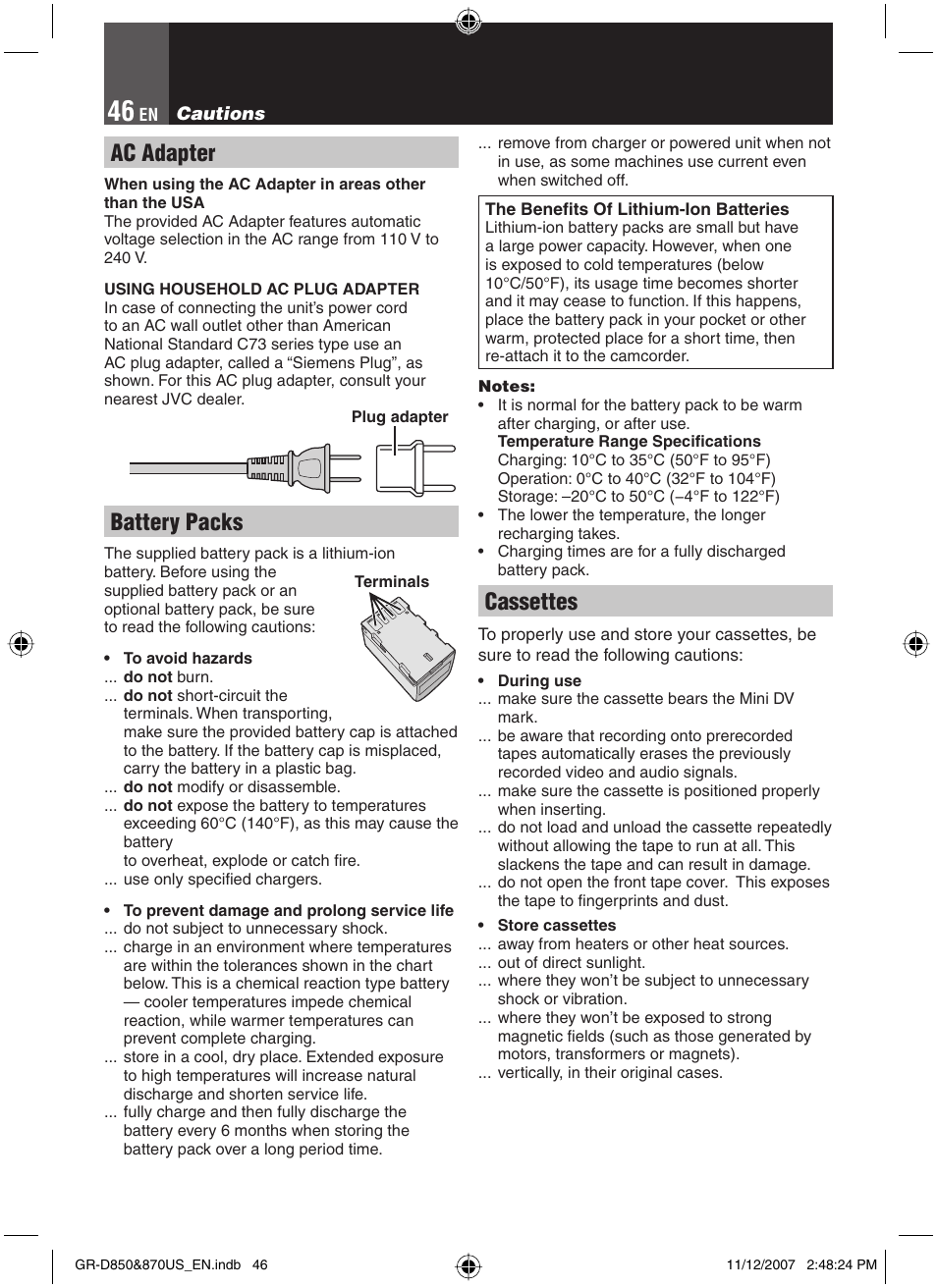 Cautions, Ac adapter, Battery packs | Cassettes | JVC GR-D850U User Manual | Page 46 / 104