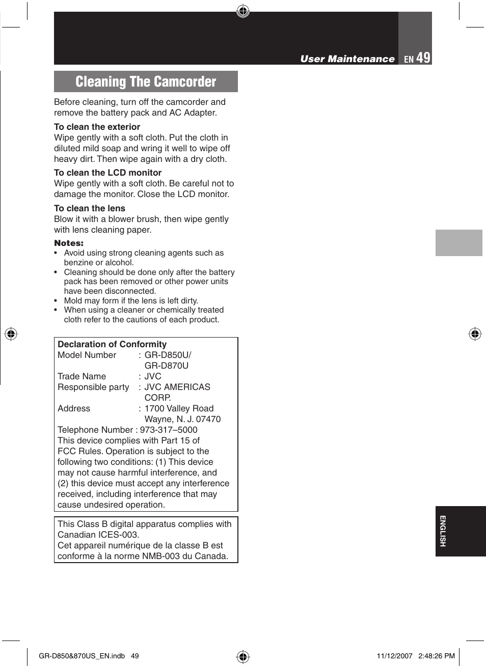 User maintenance, Cleaning the camcorder | JVC GR-D850U User Manual | Page 49 / 104