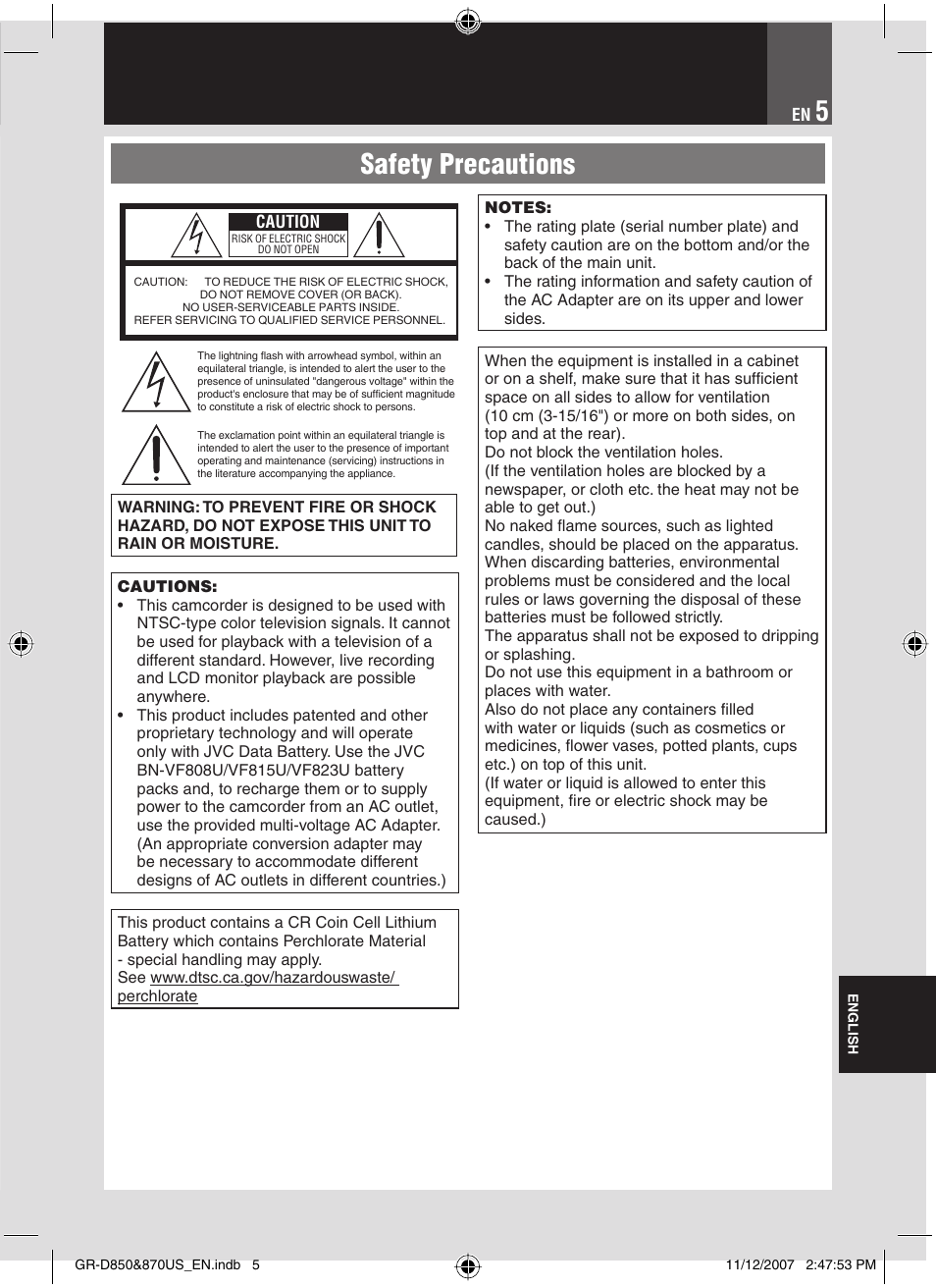 Safety precautions | JVC GR-D850U User Manual | Page 5 / 104