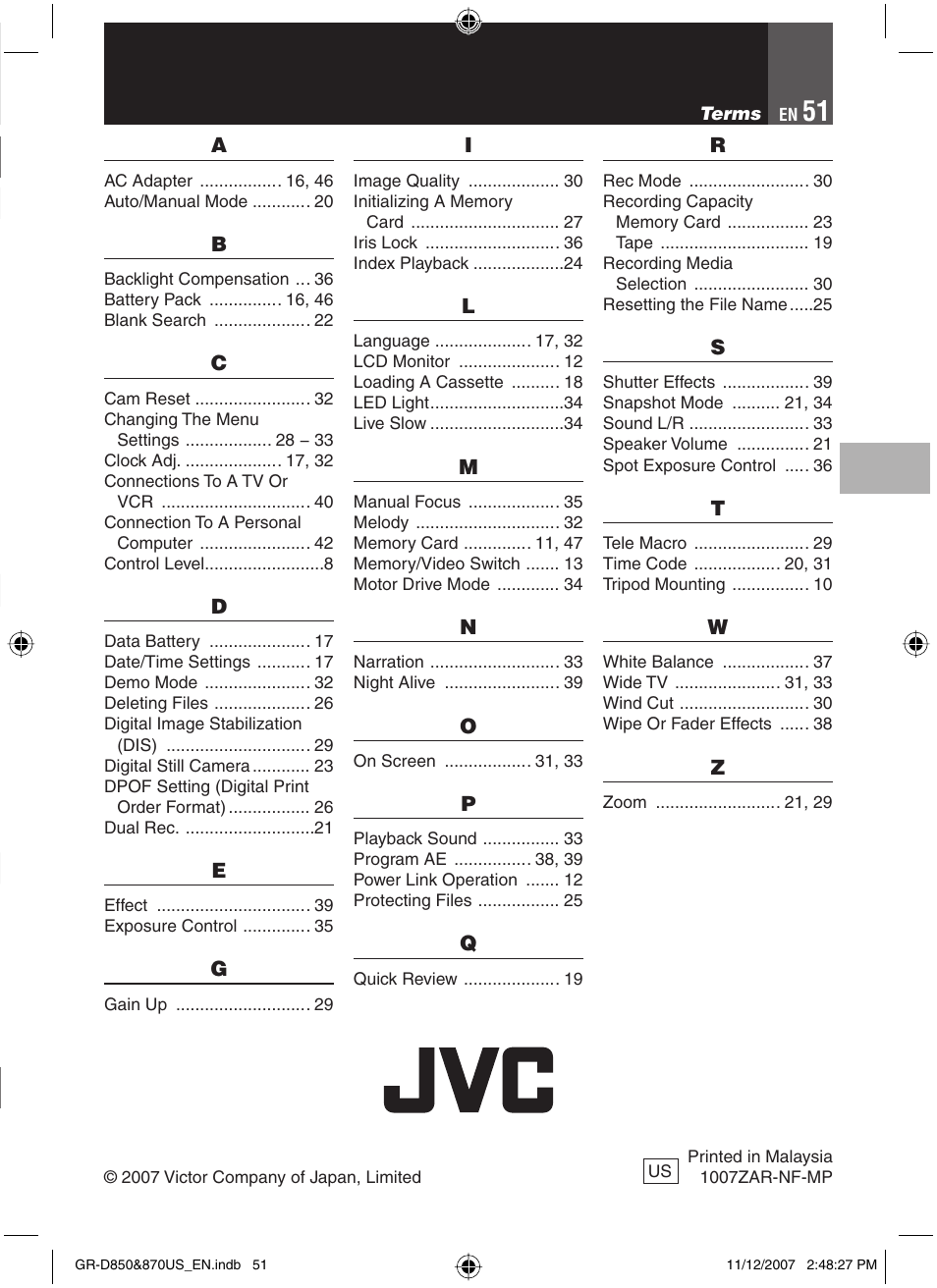 Terms | JVC GR-D850U User Manual | Page 51 / 104