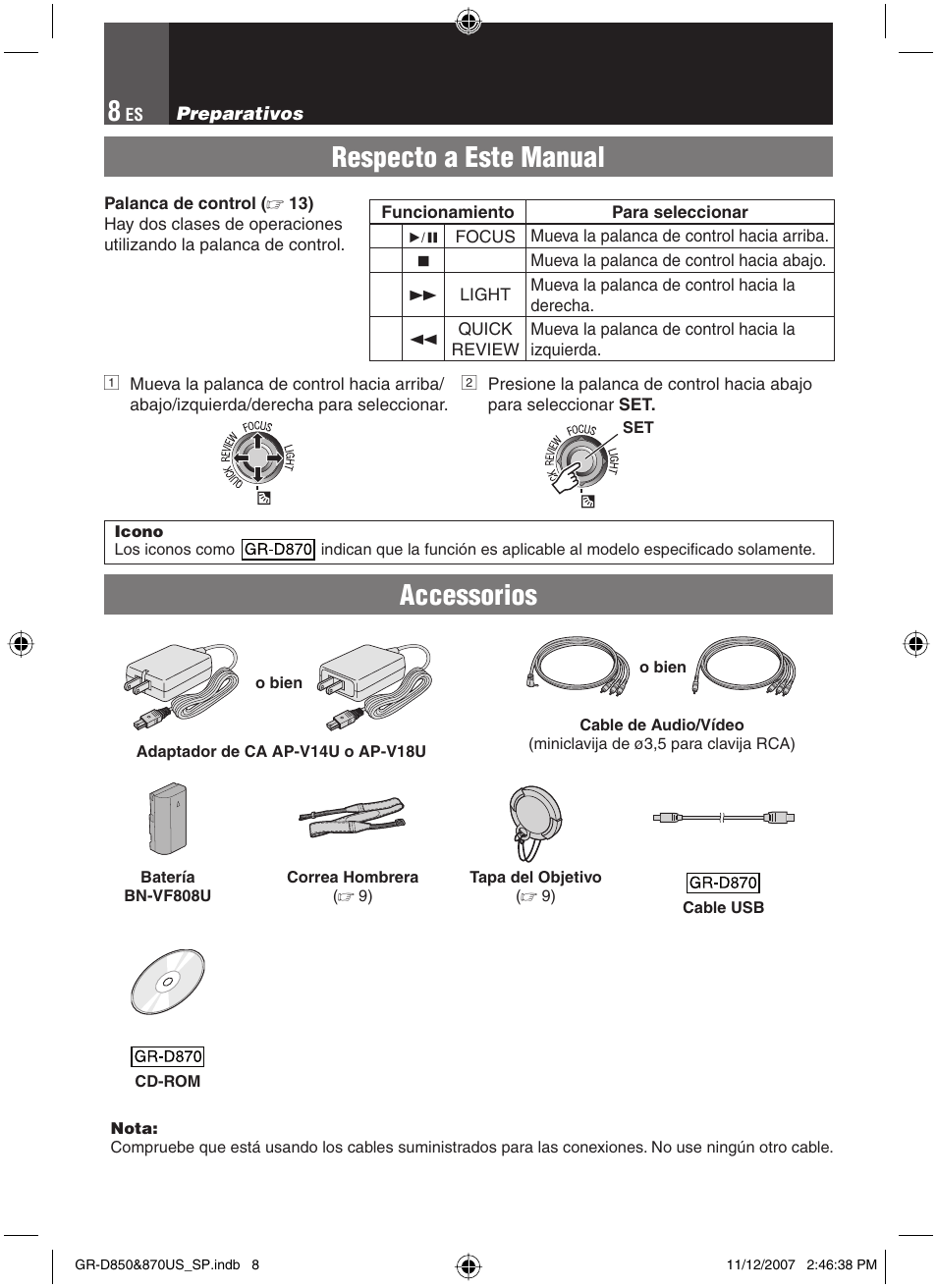 Preparativos, Respecto a este manual, Accessorios | JVC GR-D850U User Manual | Page 58 / 104