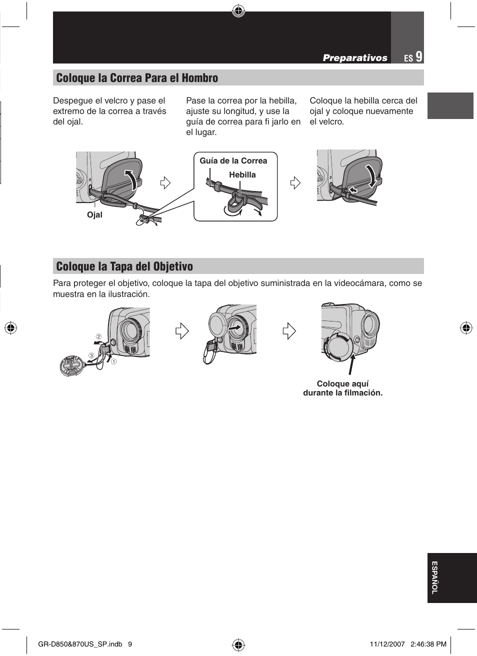 Coloque la correa para el hombro, Coloque la tapa del objetivo | JVC GR-D850U User Manual | Page 59 / 104