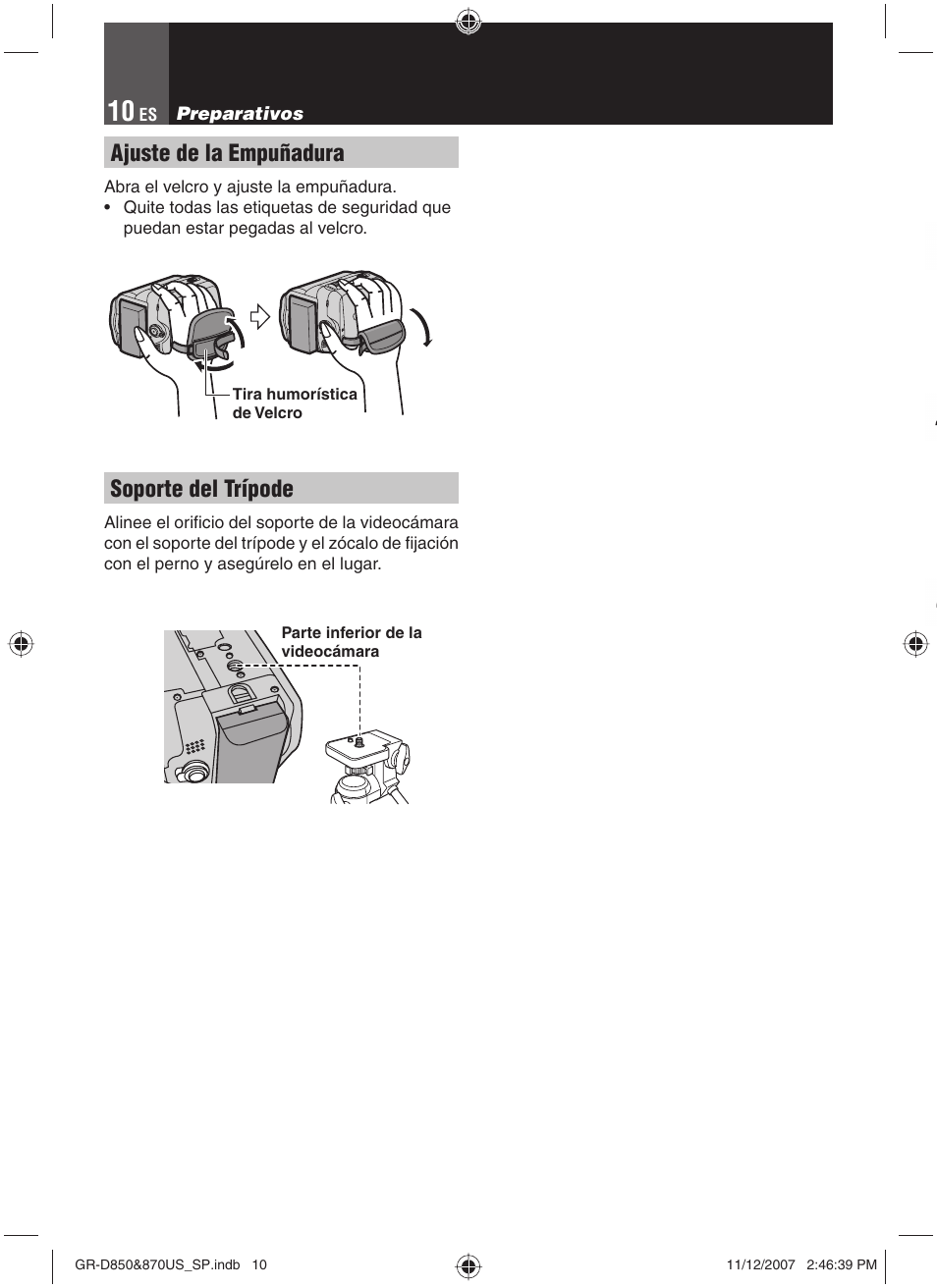 Ajuste de la empuñadura, Soporte del trípode | JVC GR-D850U User Manual | Page 60 / 104