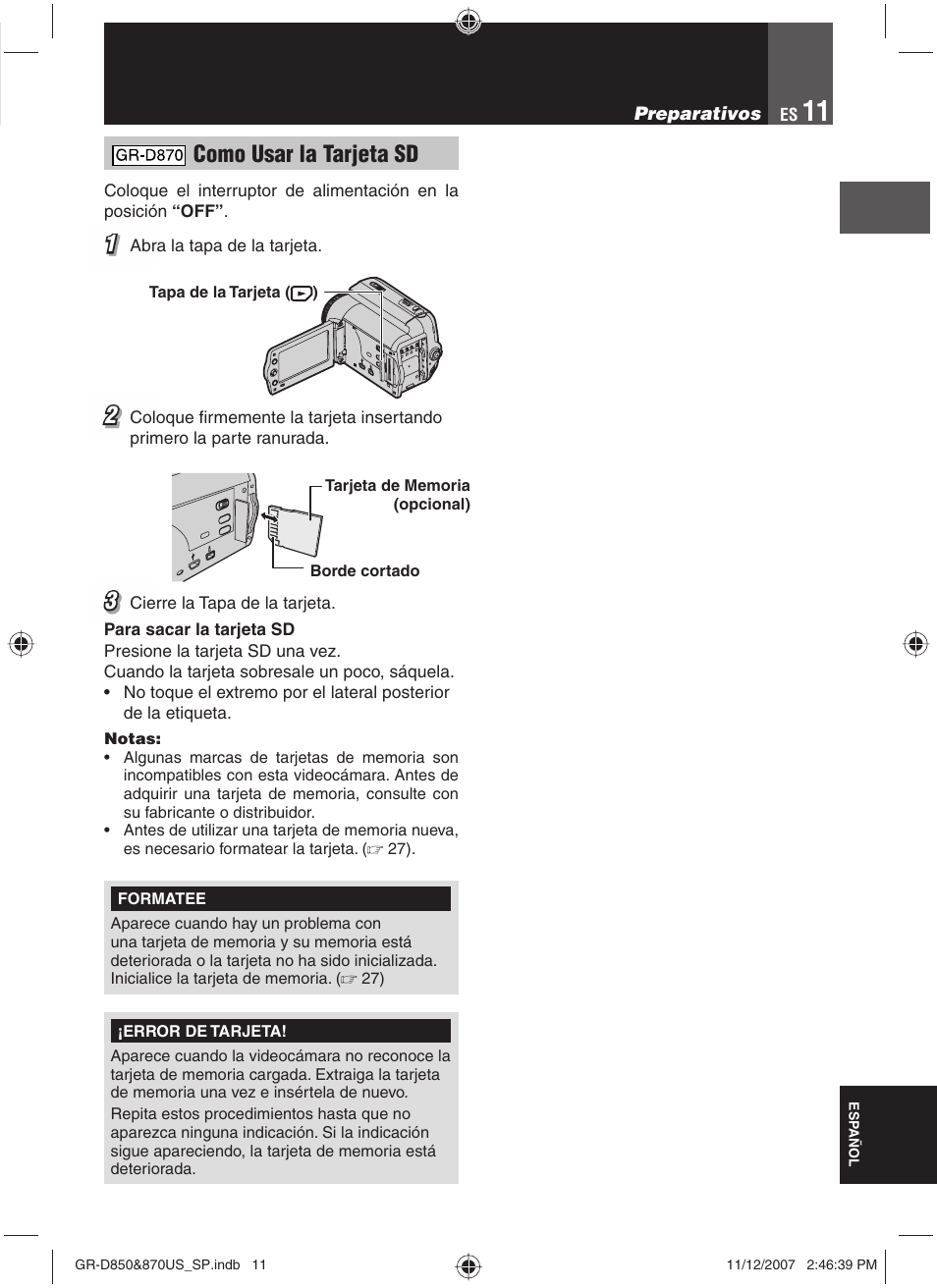 Como usar la tarjeta sd | JVC GR-D850U User Manual | Page 61 / 104