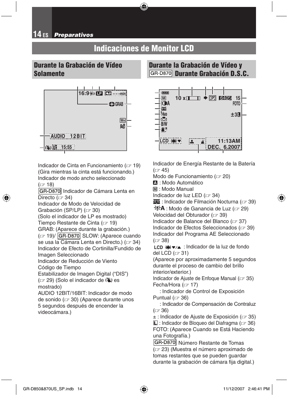 Indicaciones de monitor lcd, Durante la grabación de vídeo solamente | JVC GR-D850U User Manual | Page 64 / 104